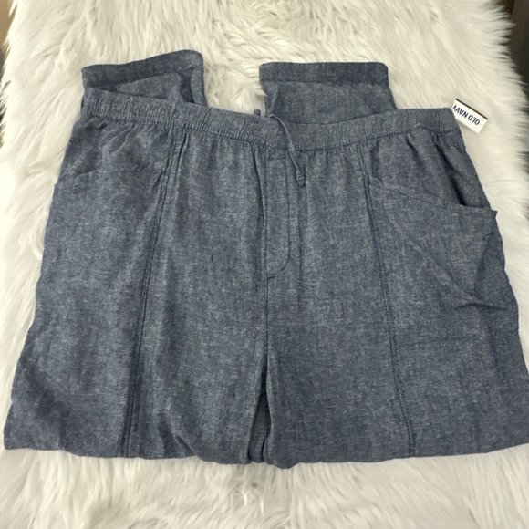 Old Navy womens NWT high rise crop pants 55% linen 3X elastic waist blue - Picture 1 of 13